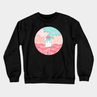 A ghost and a frog wearing a flower hat in a flower field Crewneck Sweatshirt